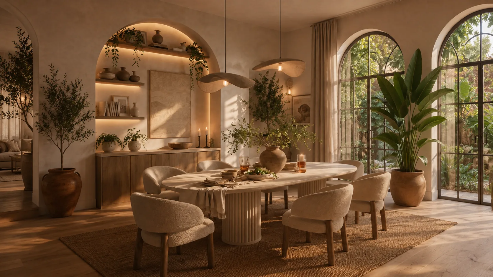 A warm dining room at dusk